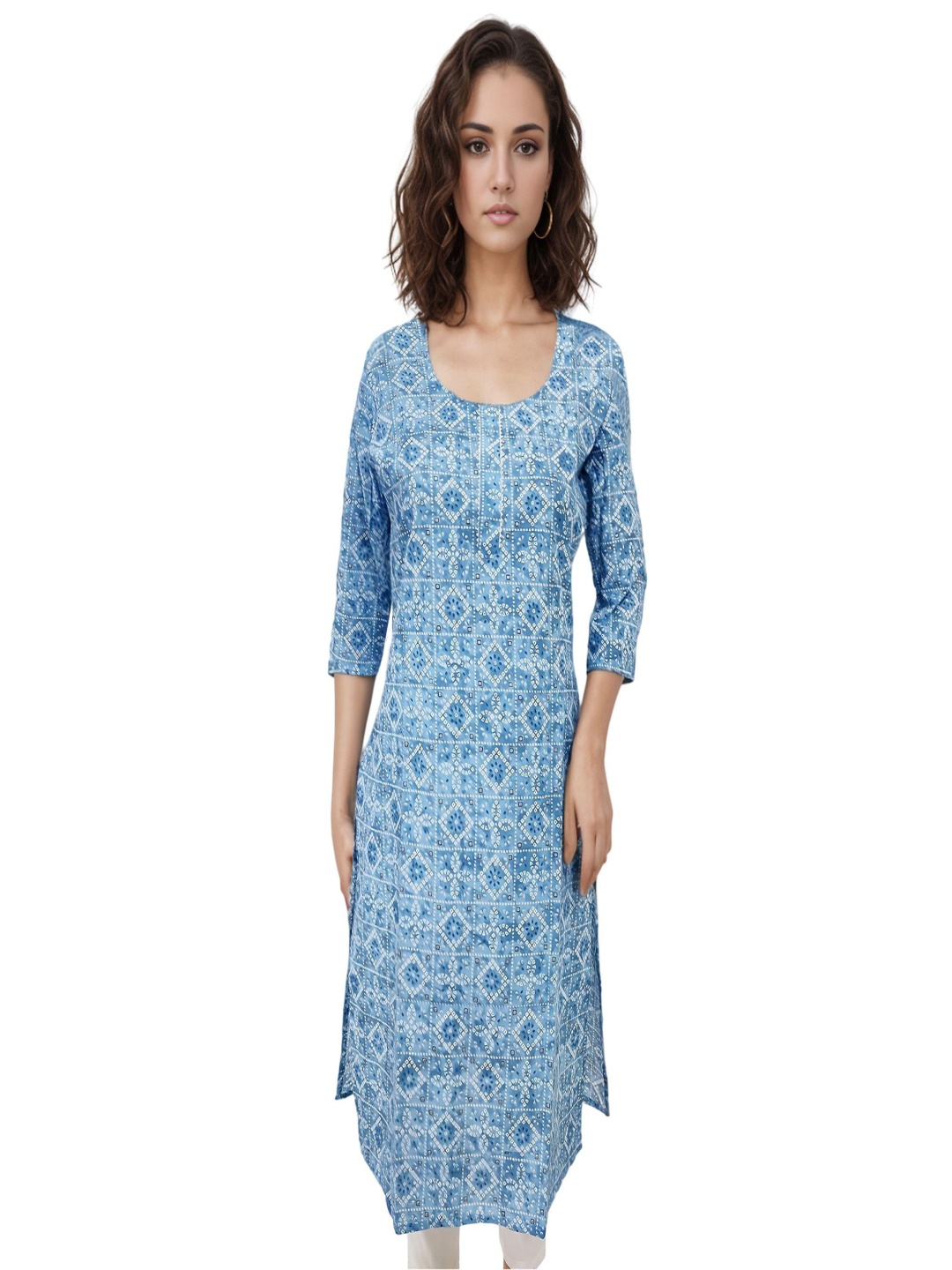 

RAYINVENT Ethnic Motifs Printed Round Neck Gotta Patti Pure Cotton Straight Kurtas, Blue
