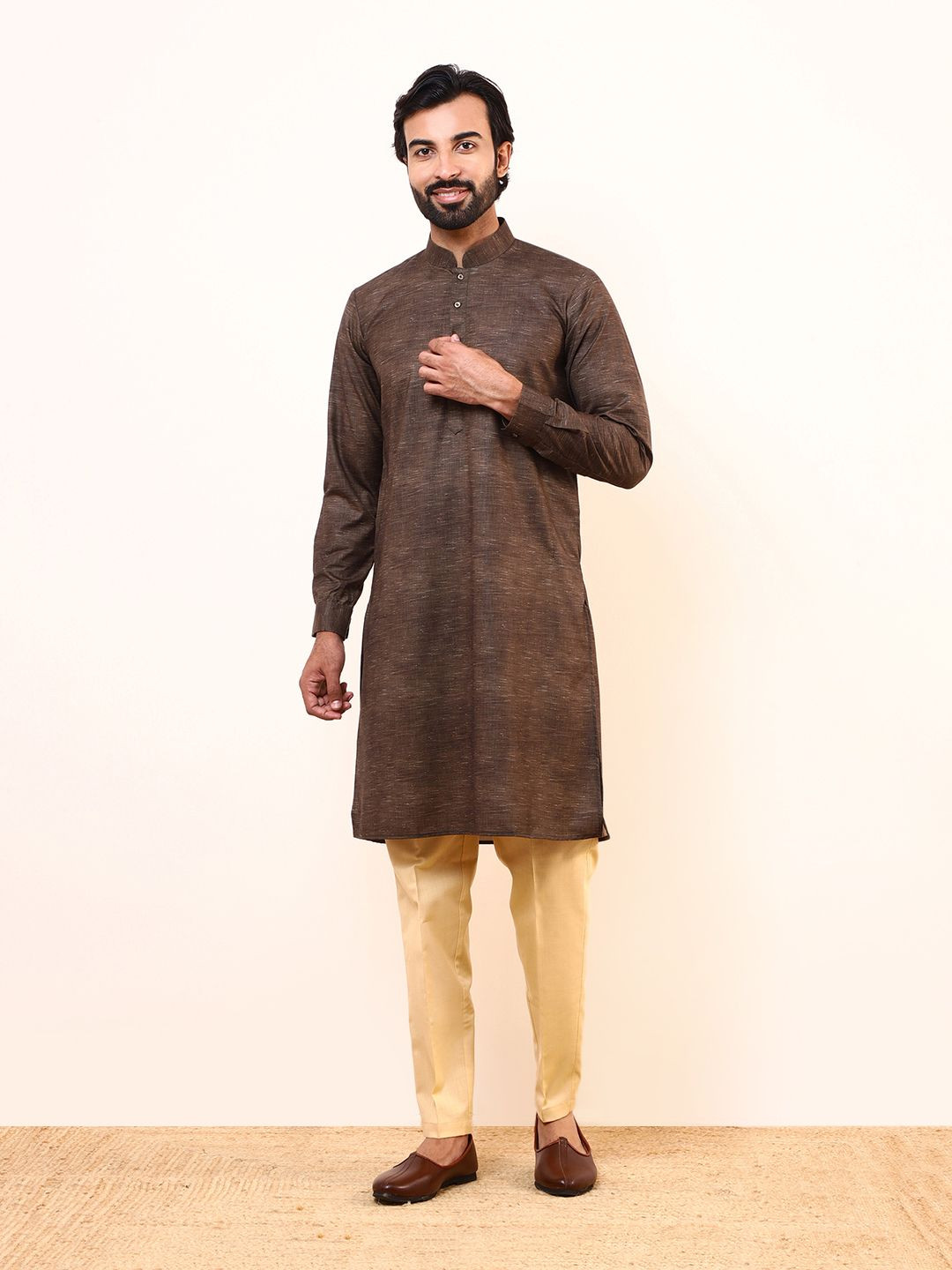 

Satwaa Mandarin Collar Long Roll-Up Sleeves Straight Kurta, Coffee brown