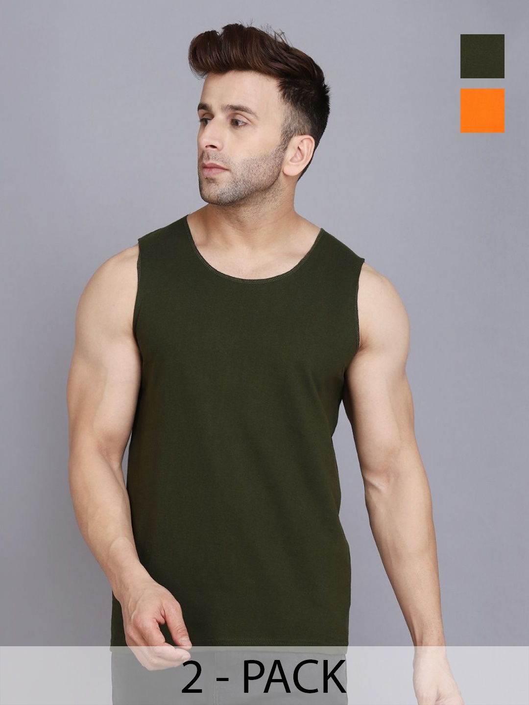

WOOSTRO Men Pack Of 2 Solid Round Neck Cotton Slim Fit T-shirts, Olive