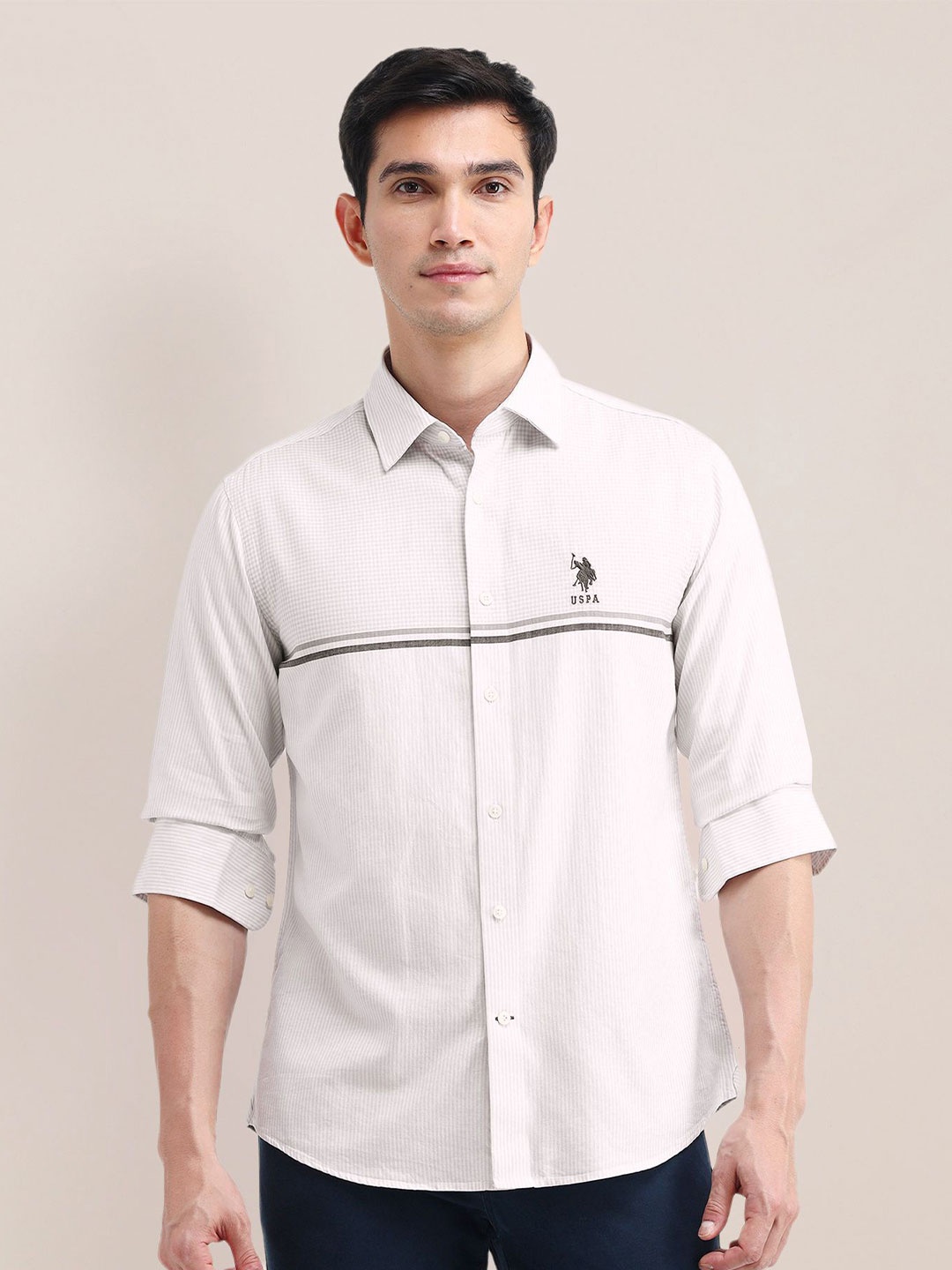 

U.S. Polo Assn. Men Spread Collar Multi Striped Slim Fit Cotton Casual Shirt, White