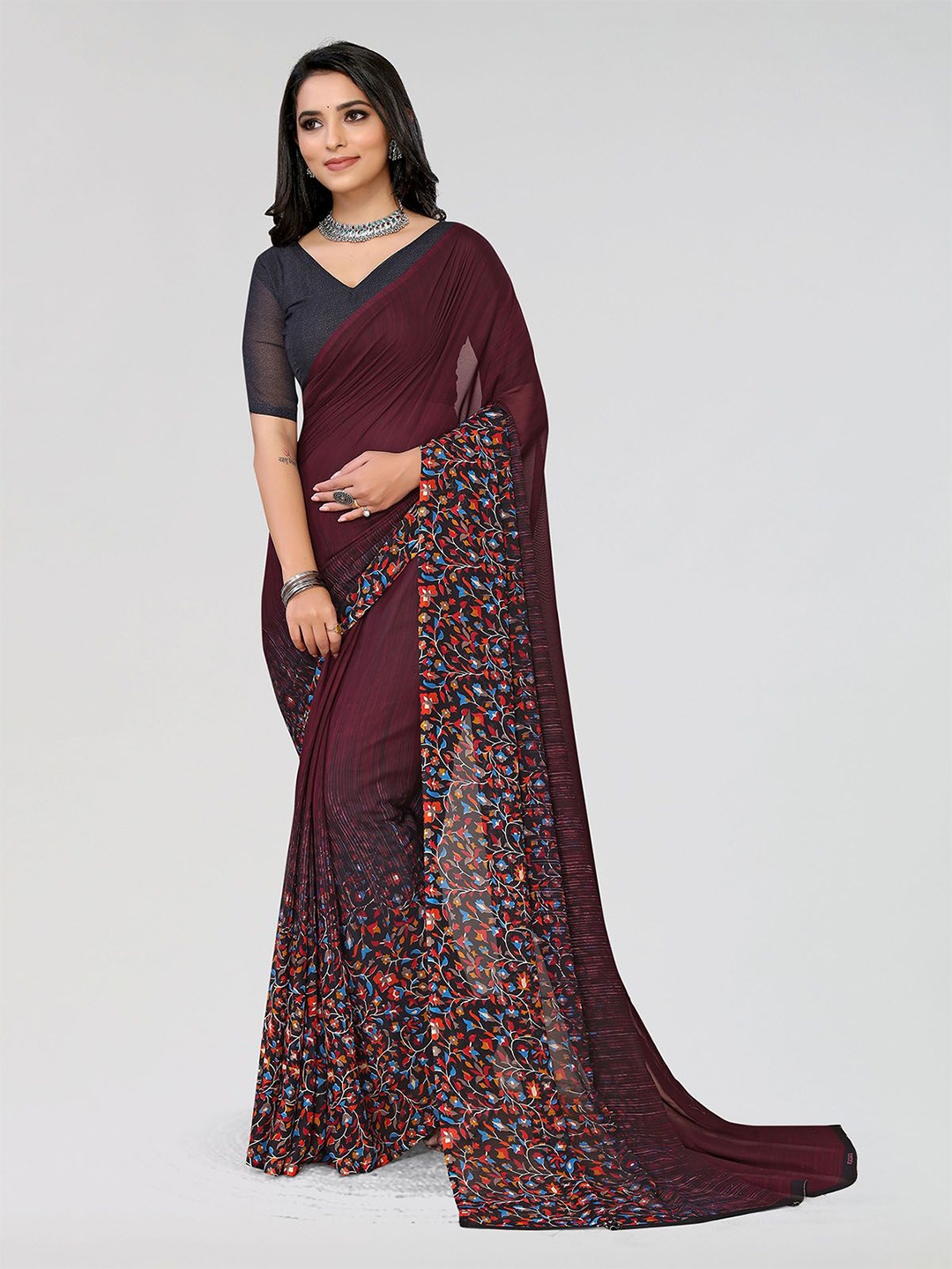 

Moda Rapido Women Printed Saree With Unstiched Blouse Piece, Maroon