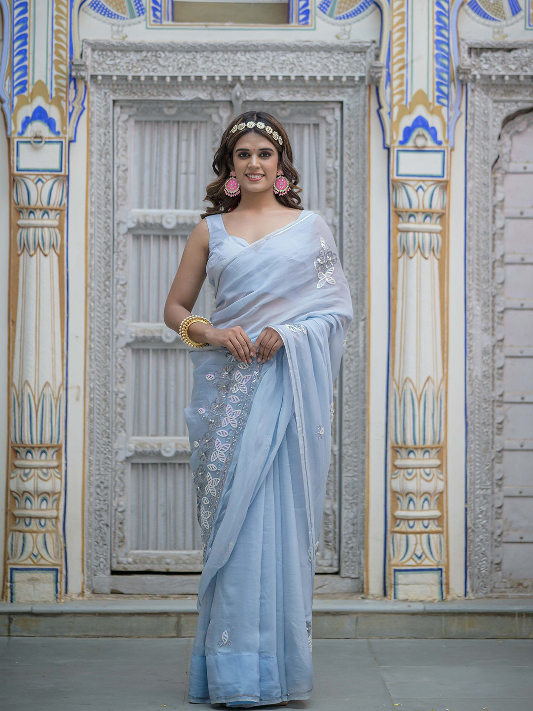 

HOUSE OF BAISA Floral Sequinned Organza Saree, Blue