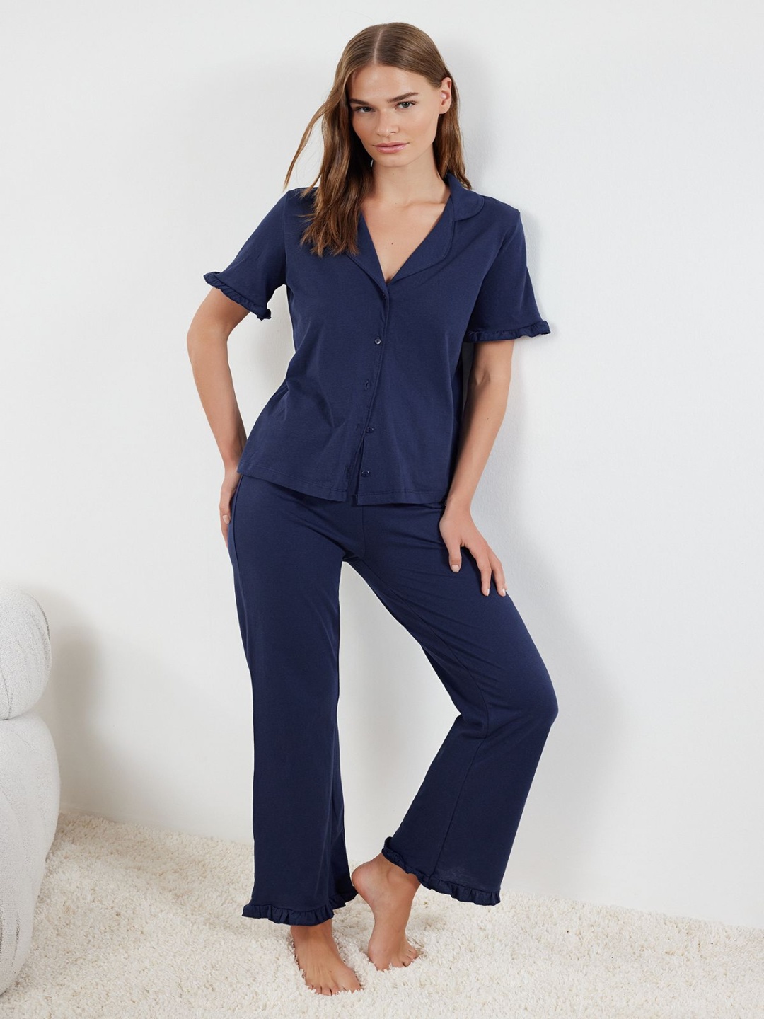 

Trendyol Women Pure Cotton Night suit, Navy blue