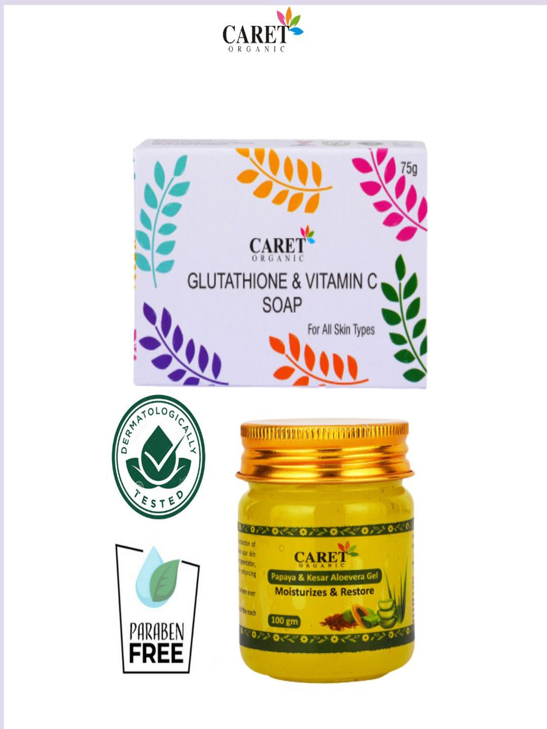 

CARET ORGANIC Set Of 2 Glutathione & Vitamin C Soap 75 g With Papaya & Kesar Gel 100 g, Multi