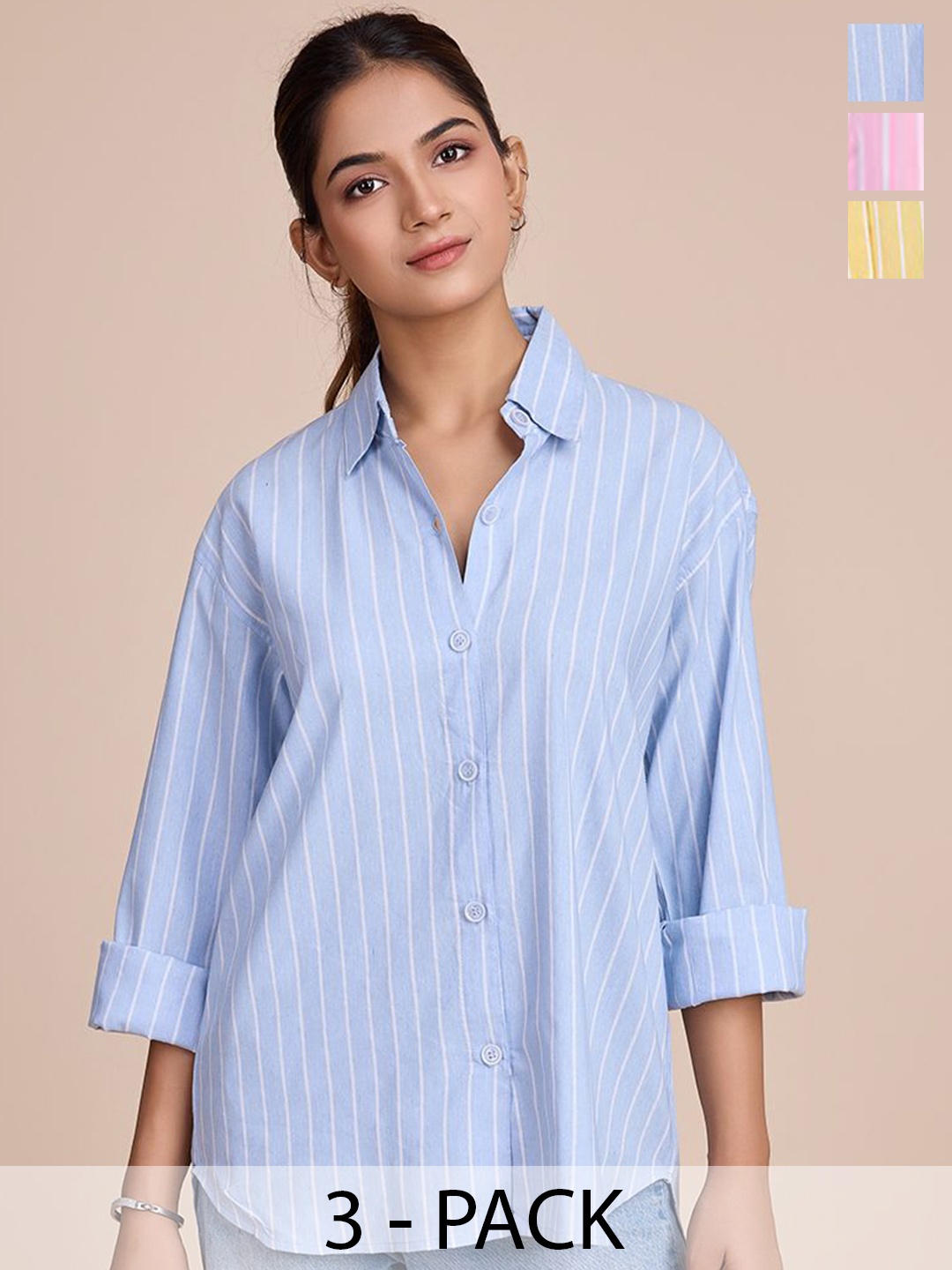 

HOUSE OF MIRA Women Pack Of 3 Classic Oversized Fit Vertical Striped Cotton Casual Shirts, Blue