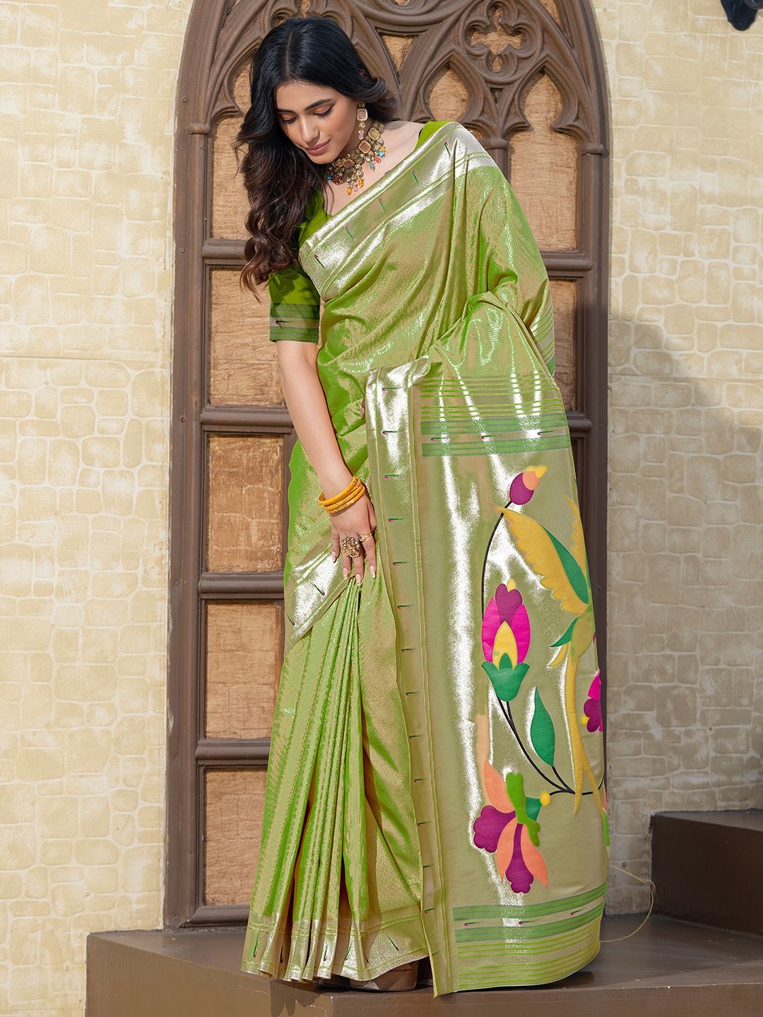 

Satrani Ethnic Motifs Zari Paithani Saree, Green