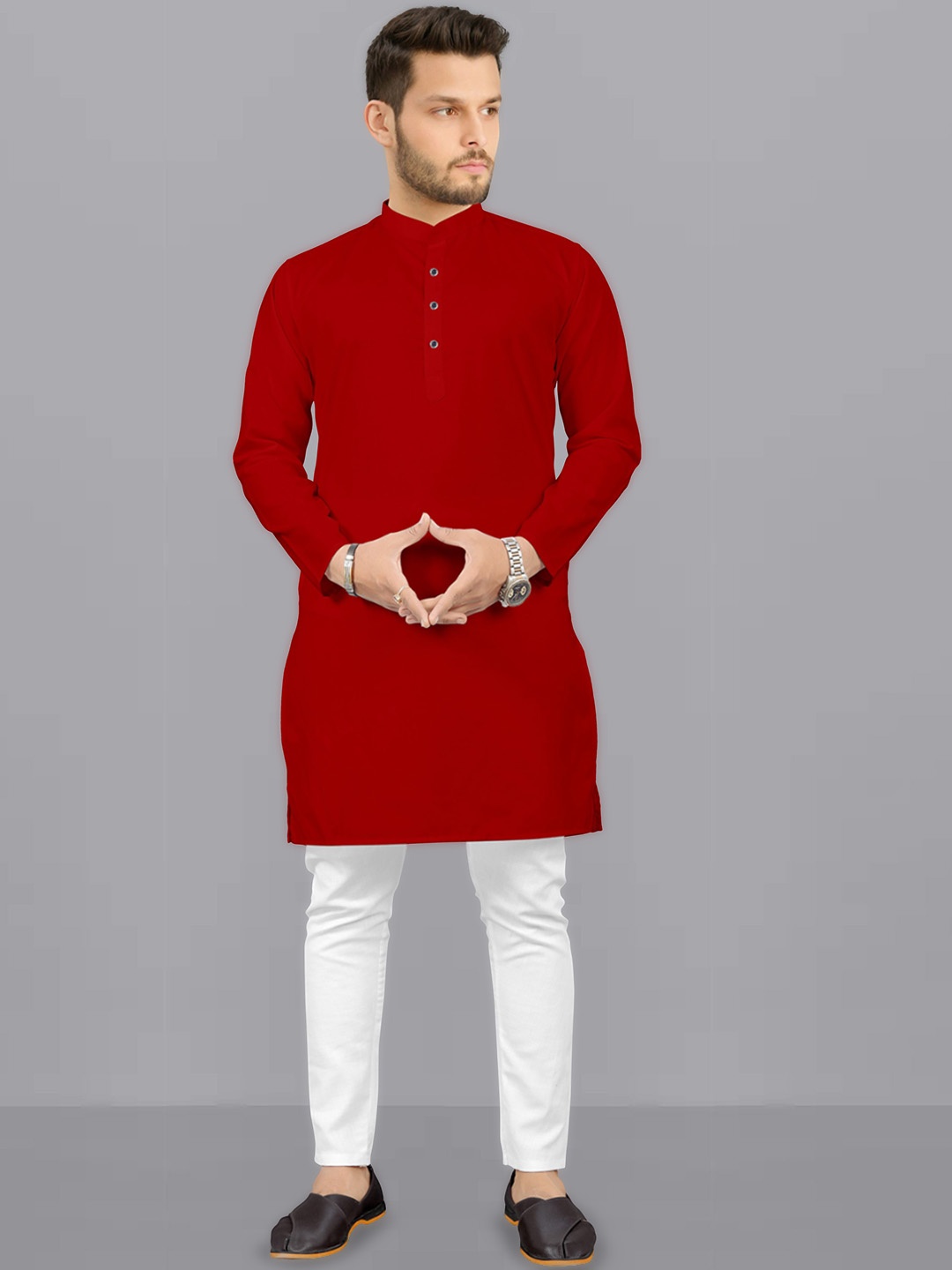 

Fashion FRICKS Band Collar Long Sleeves Straight Kurta with Pyjamas, Red