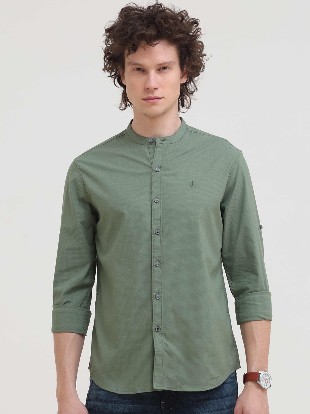 

Grit and Flair Men Comfort Fit Band Collar Solid Cotton Casual Shirt, Olive