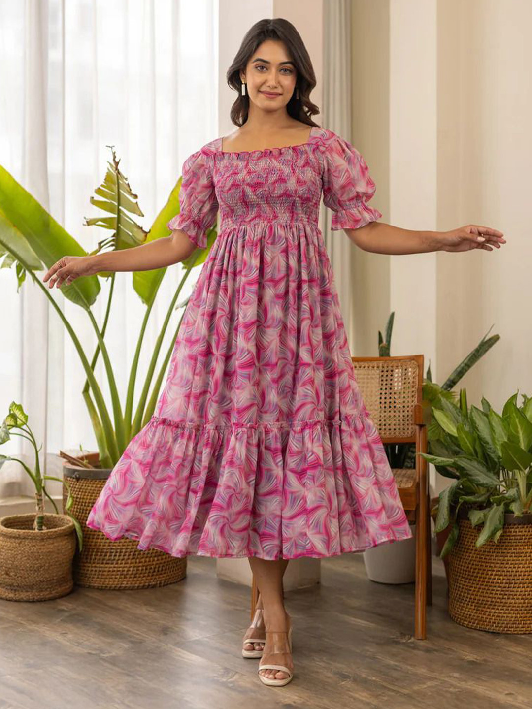 

Ariya Prints Women Printed Georgette Fit and Flare Midi Dress, Pink