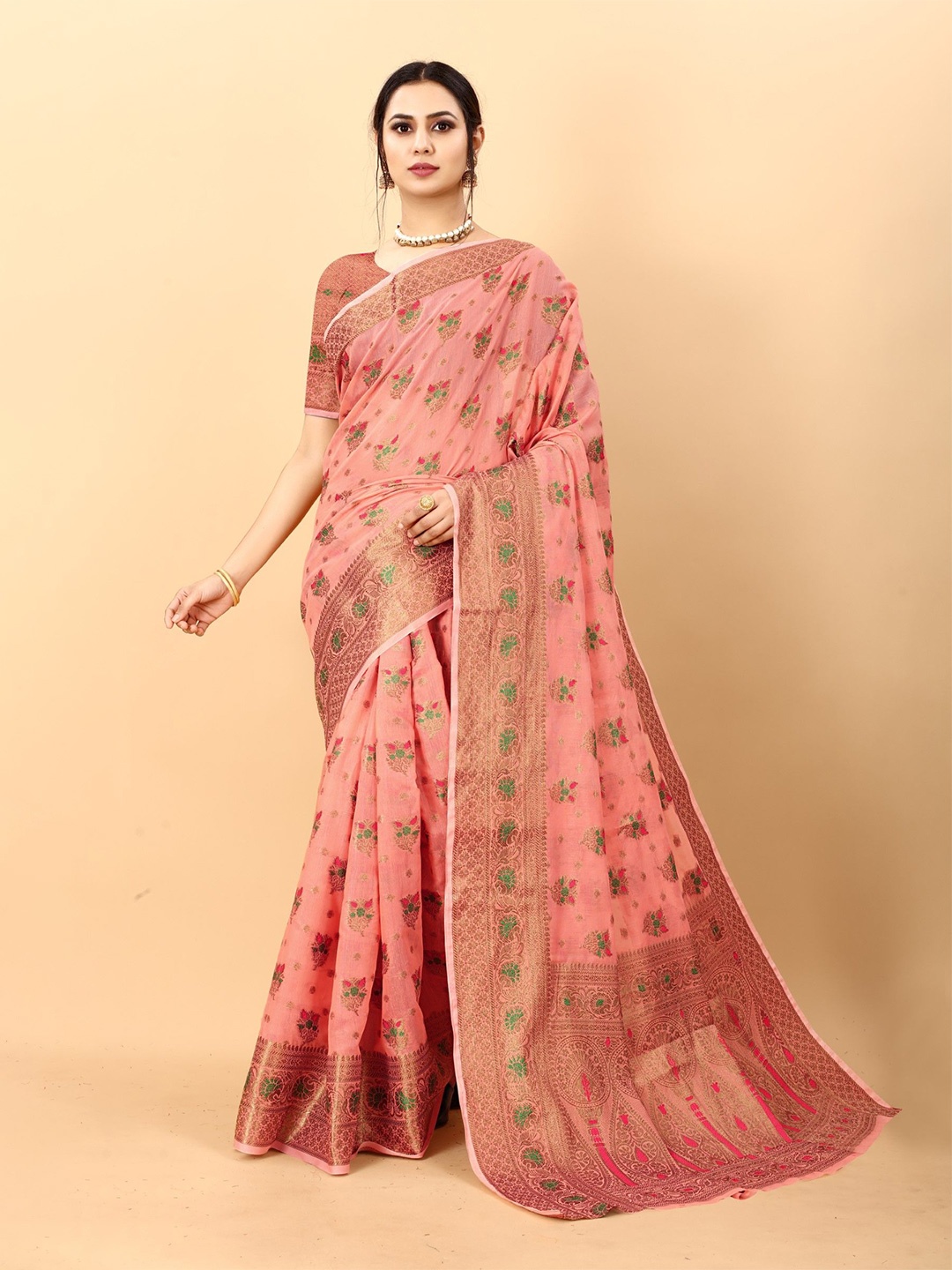 

LeeliPeeri Designer Floral Printed Zari Paithani Saree, Peach