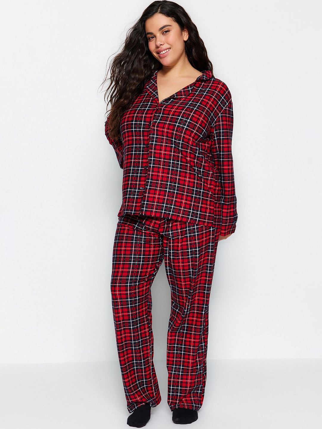 

Trendyol Checked V-Neck Night Suit, Red