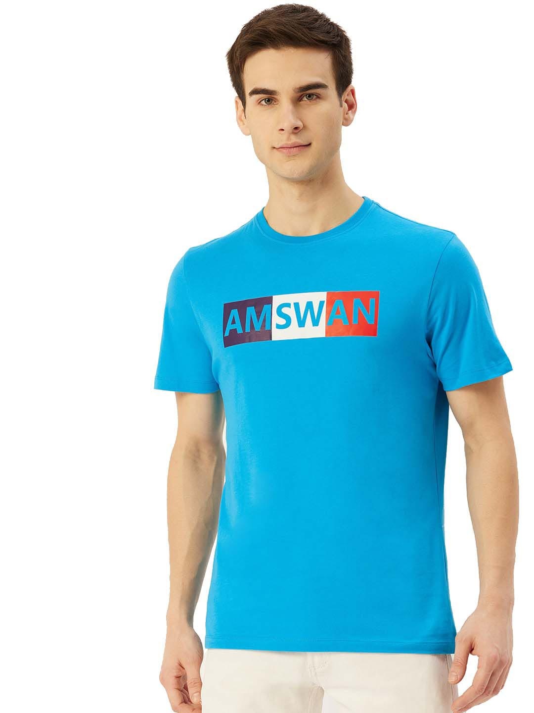 

AMSWAN Men Typography Printed Applique T-shirt, Turquoise blue