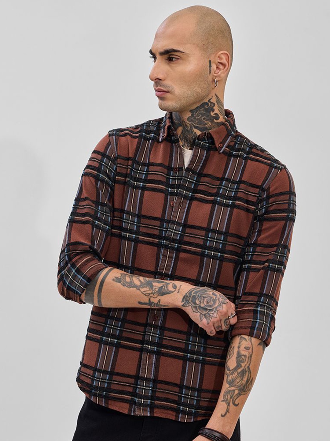 

Snitch Men Slim Fit Tartan Checks Opaque Checked Formal Shirt, Brown