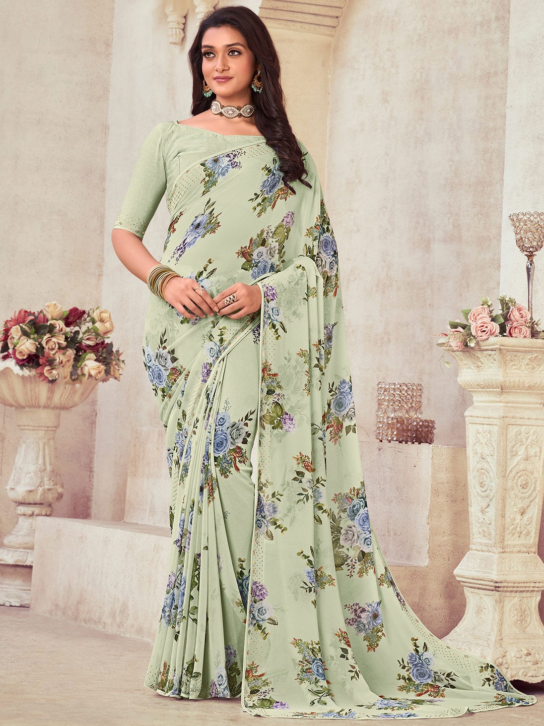 

Laxmipati Floral Printed Embroidered Saree, Green