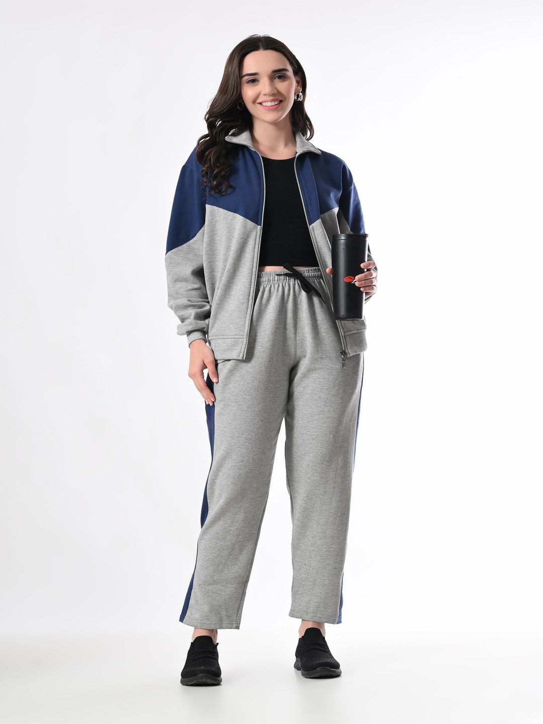 

BAESD Women Polo Collar Mid-Rise Tracksuit, Grey