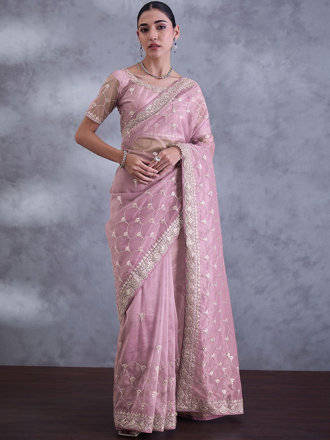 

Mitera Embellished Sequinned Net Saree, Pink