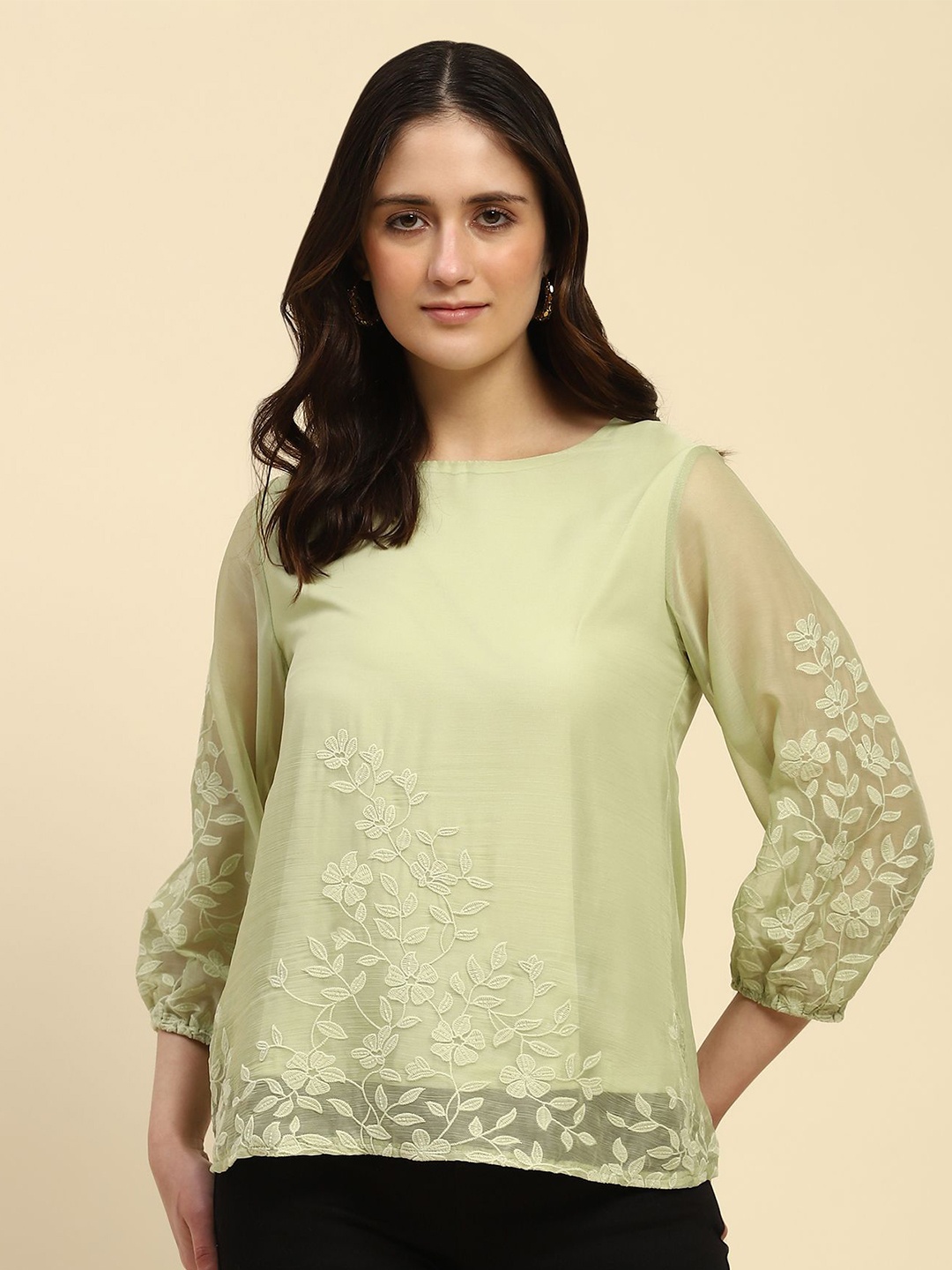 

Global Republic Embellished Embroidered Chiffon Blouson Top, Green