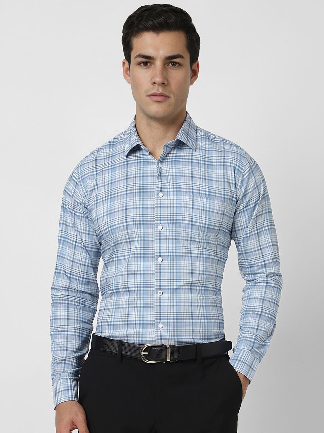 

Van Heusen Men Slim Fit Spread Collar Tartan Checked Cotton Formal Shirt, Blue