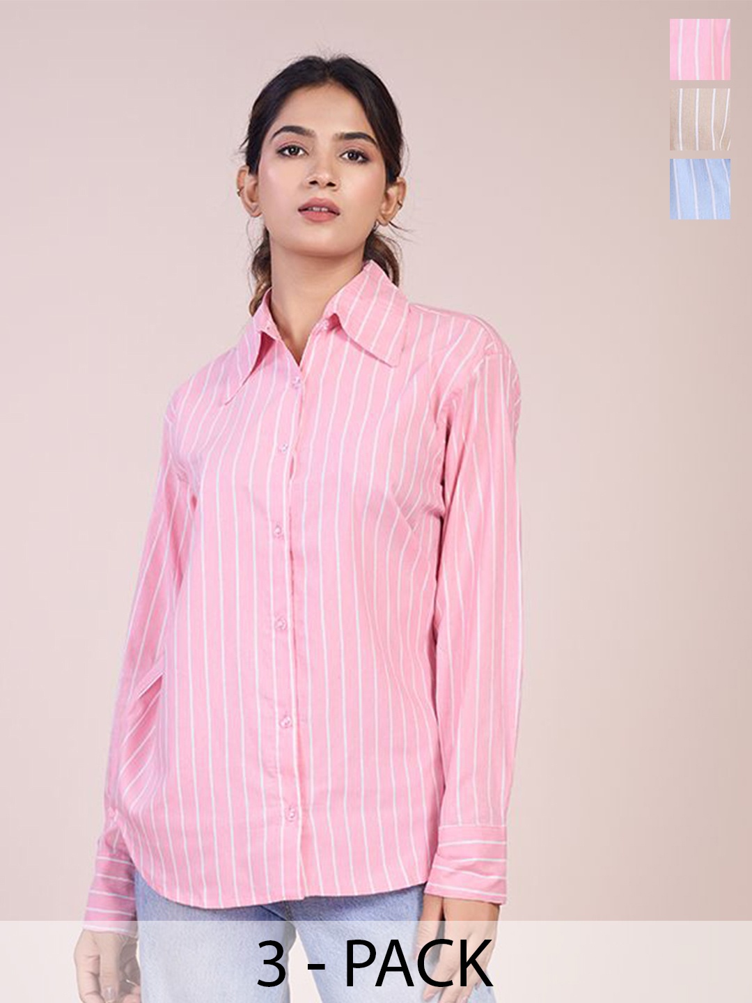 

HOUSE OF MIRA Women Pack Of 3 Classic Oversized Fit Vertical Striped Cotton Casual Shirts, Pink