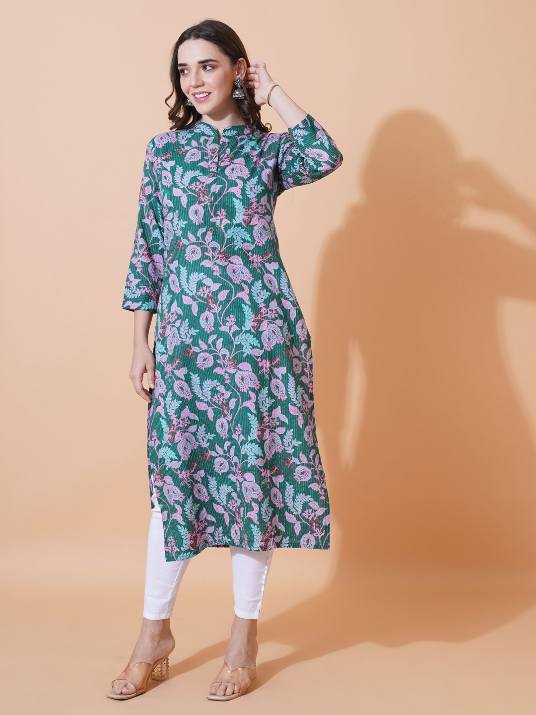

FebQ Floral Printed Mandarin Collar Thread Work Pure Cotton Straight Kurta, Green