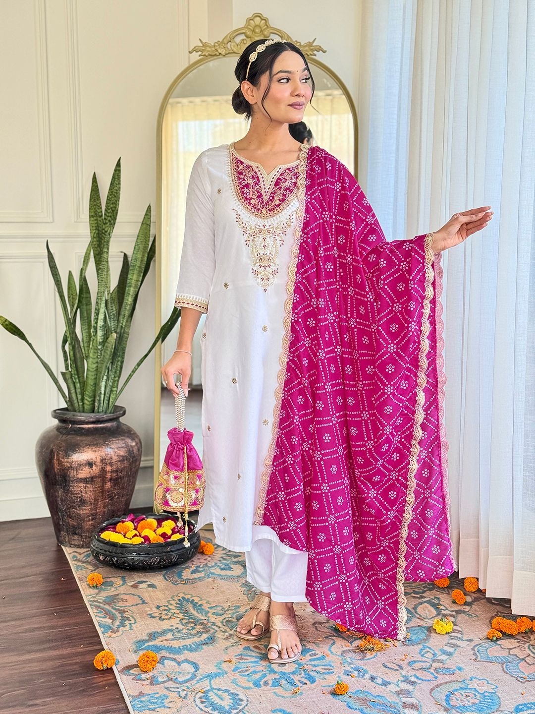 

KALINI Paisley Embroidered Notch Neck Straight Kurta With Trouser And Dupatta, White