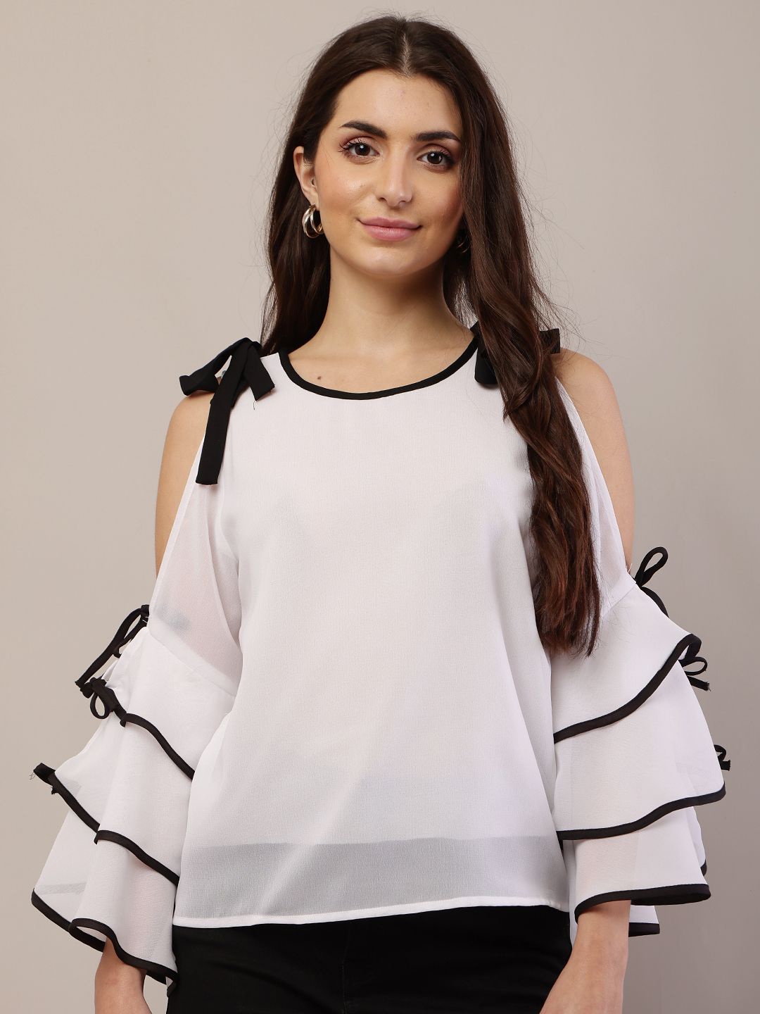 

Raabta Fashion Print Cold-Shoulder Georgette Top, White