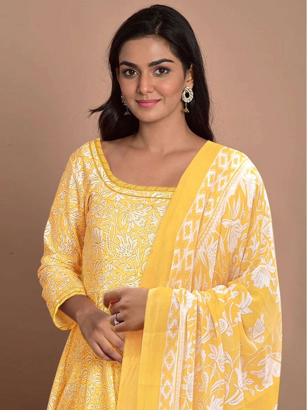 

Moda Rapido Floral Printed Round Neck Anarkali Kurta With Trouser And Dupatta, Yellow