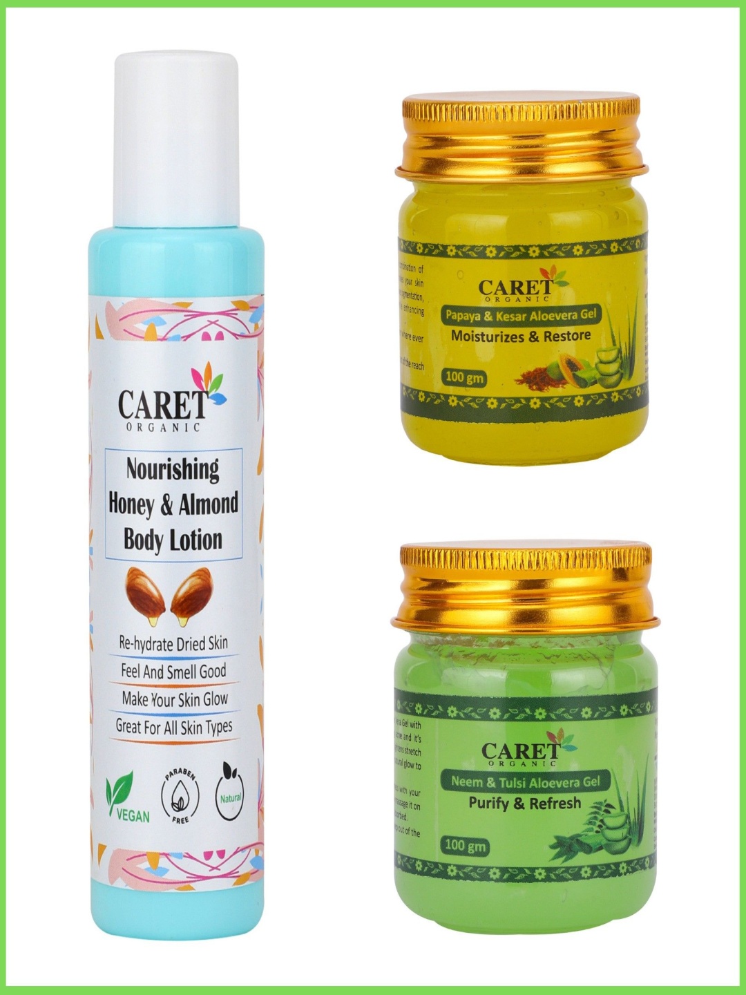 

CARET ORGANIC Set Of 3 Almond Body Lotion, Kesar & Aloevera Gel - 100 g Each, White