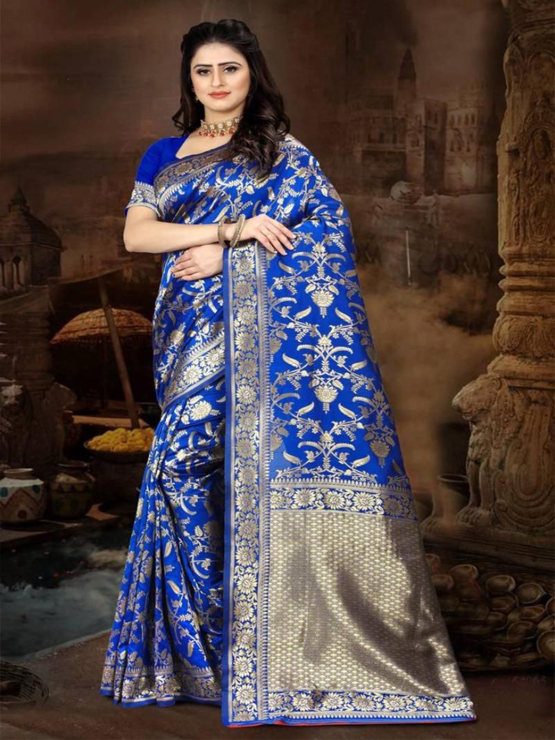 

F FASHION Woven Design Zari Banarasi Saree, Blue