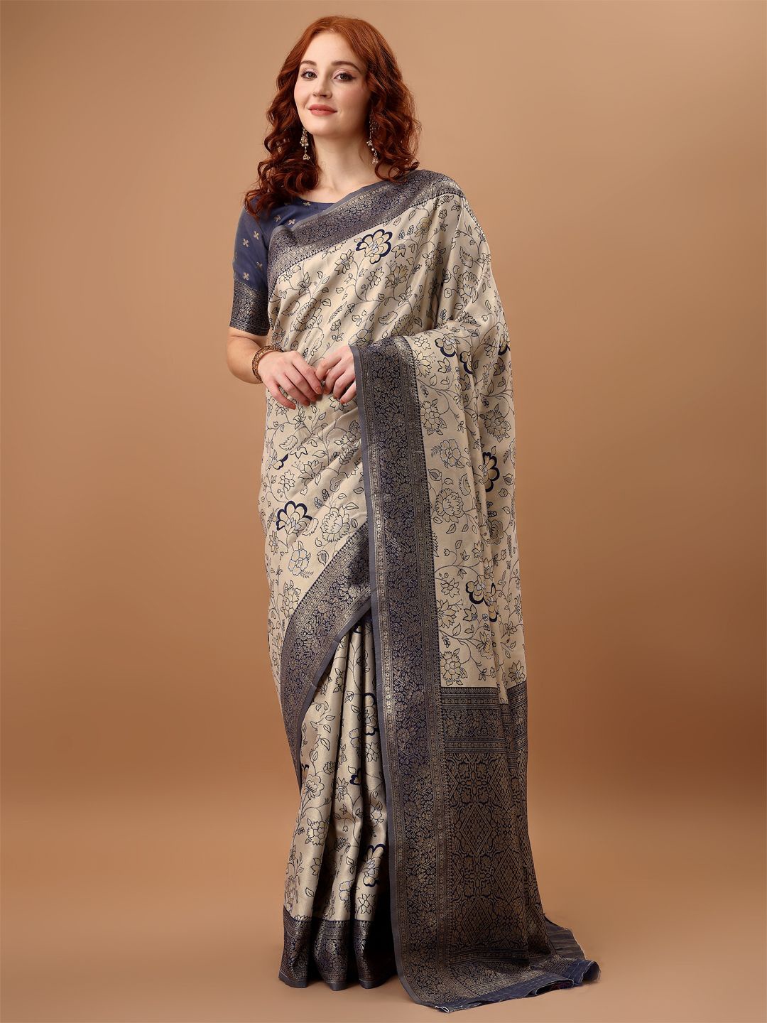 

F FASHION Woven Design Zari Silk Blend Banarasi Saree, Blue