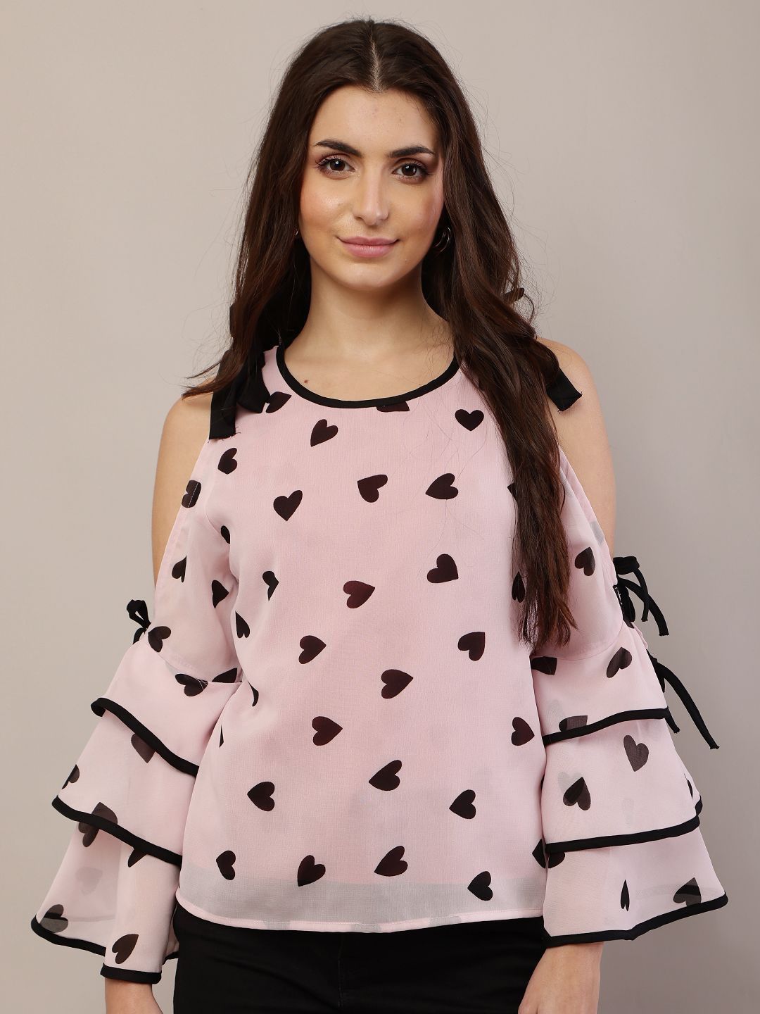 

Raabta Fashion Polka Dot Print Cold-Shoulder Georgette Top, Pink