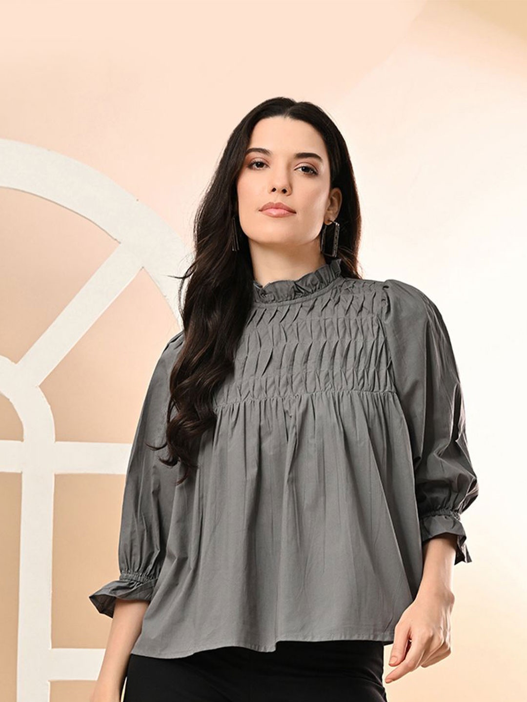 

PRETTY LOVING THING Mandarin Collar Puff Sleeve Cotton Peplum Top, Grey
