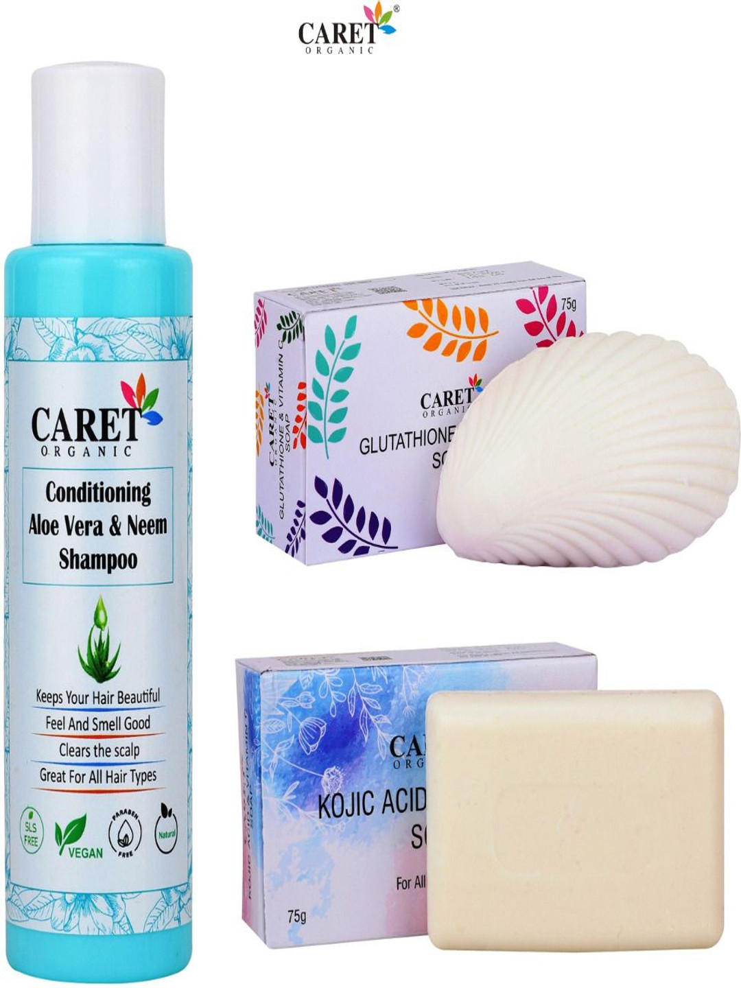 

CARET ORGANIC Set Of 3 Neem Shampoo - 100 ml Glutathione & Kojic Acid Soap - 75 g Each, White