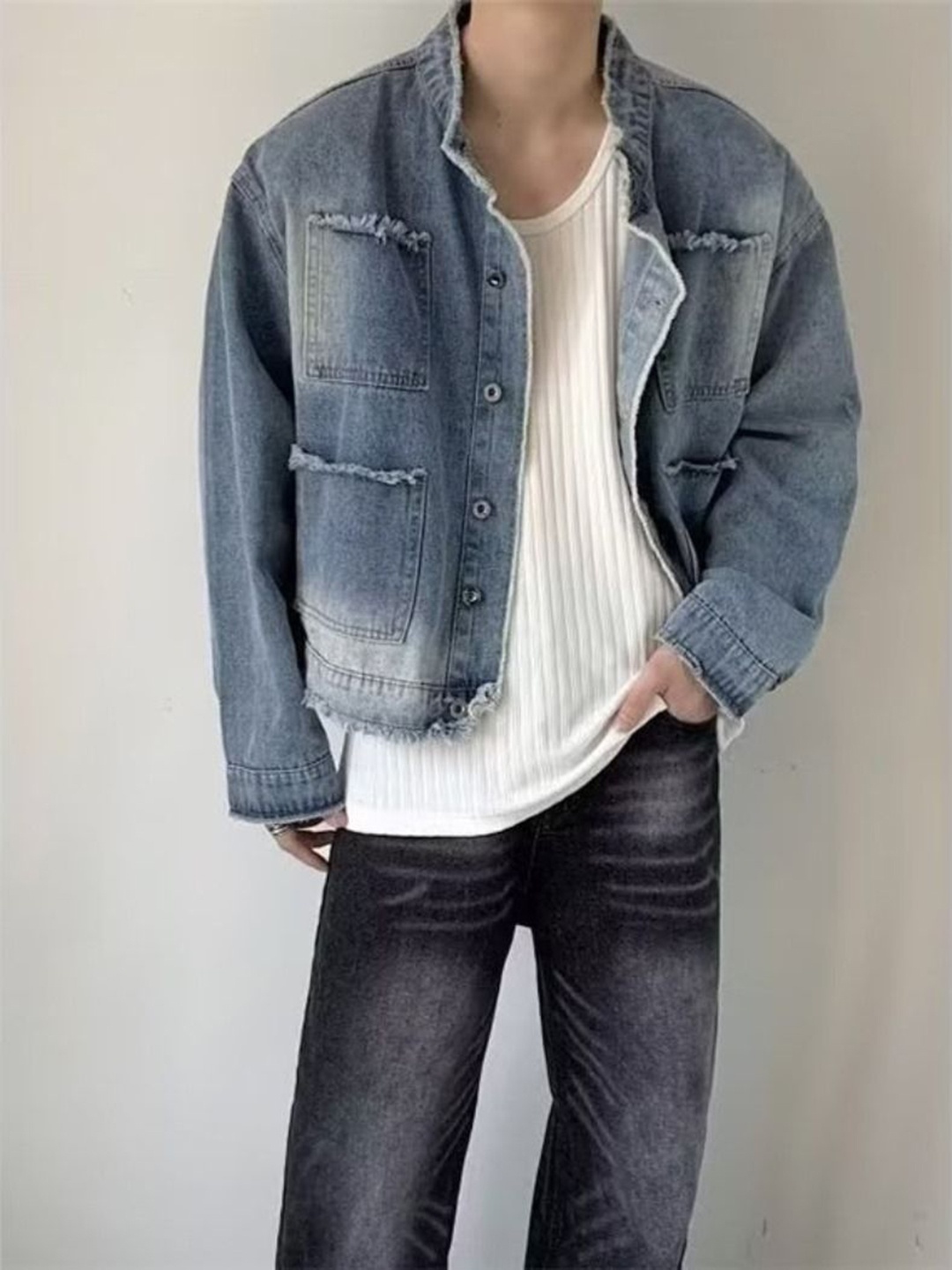 

StyleCast Men Mandarin Collar Solid Cotton Casual Denim Jacket, Blue