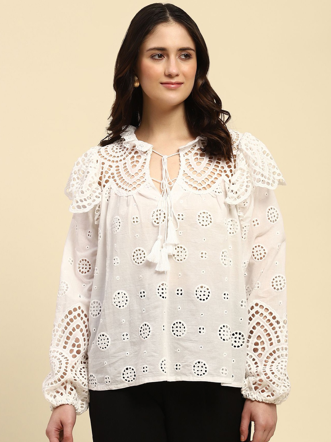 

Global Republic Women Embroidered Tie-Up Neck Puff Sleeve Cotton Blouson Top, White