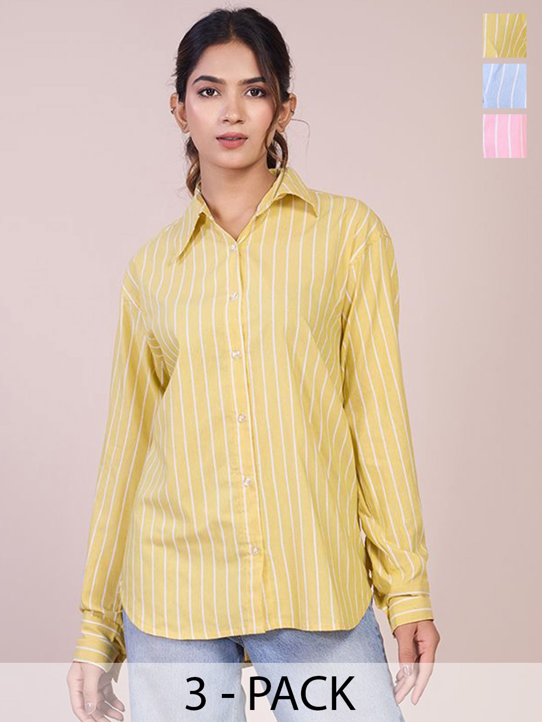 

HOUSE OF MIRA Women Pack Of 3 Classic Oversized Fit Vertical Striped Cotton Casual Shirts, Yellow