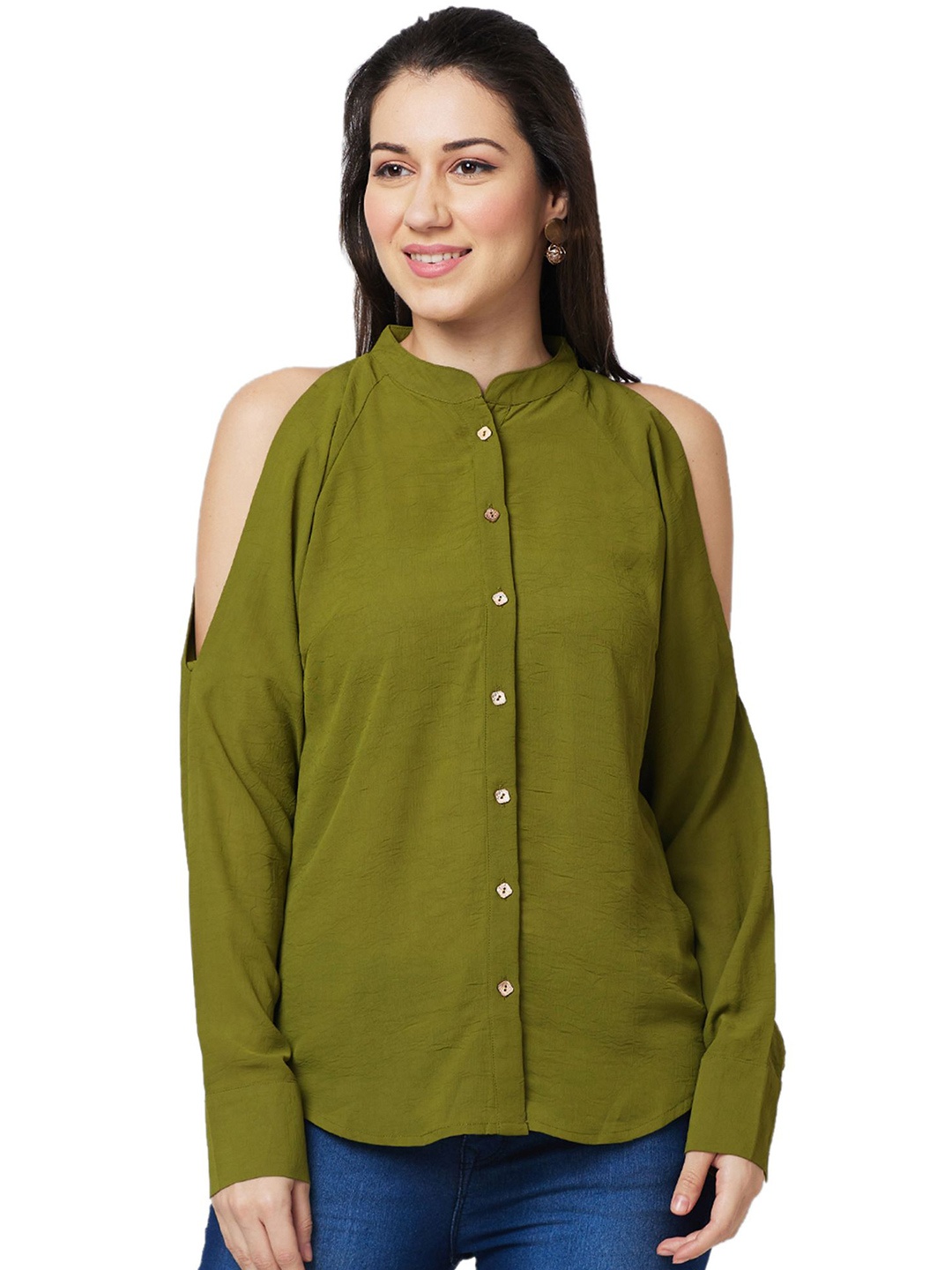 

Iti Women Mandarin Collar Cold-Shoulder Shirt Style Top, Green