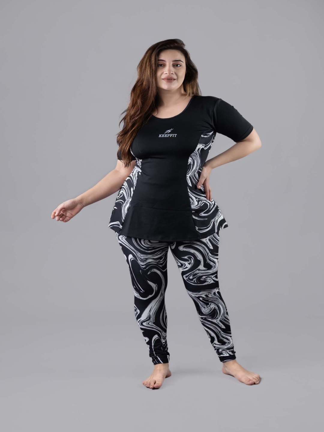 

Keepfit Women 2 Piece Marble Printed Padded Plus Size Swimset, Black