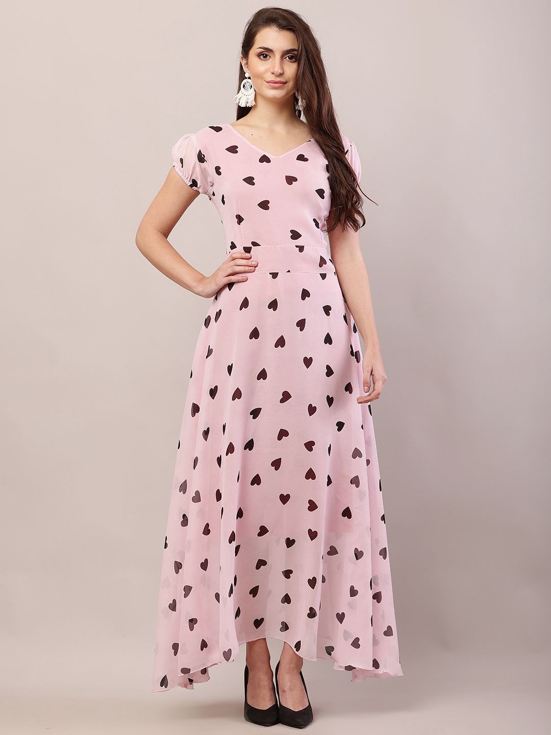 

Raabta Fashion Polka Dot Print Georgette Fit & Flare Maxi Dress, Pink