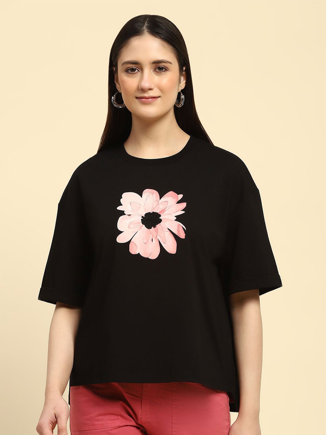 

Global Republic Floral Printed Cotton Top, Black