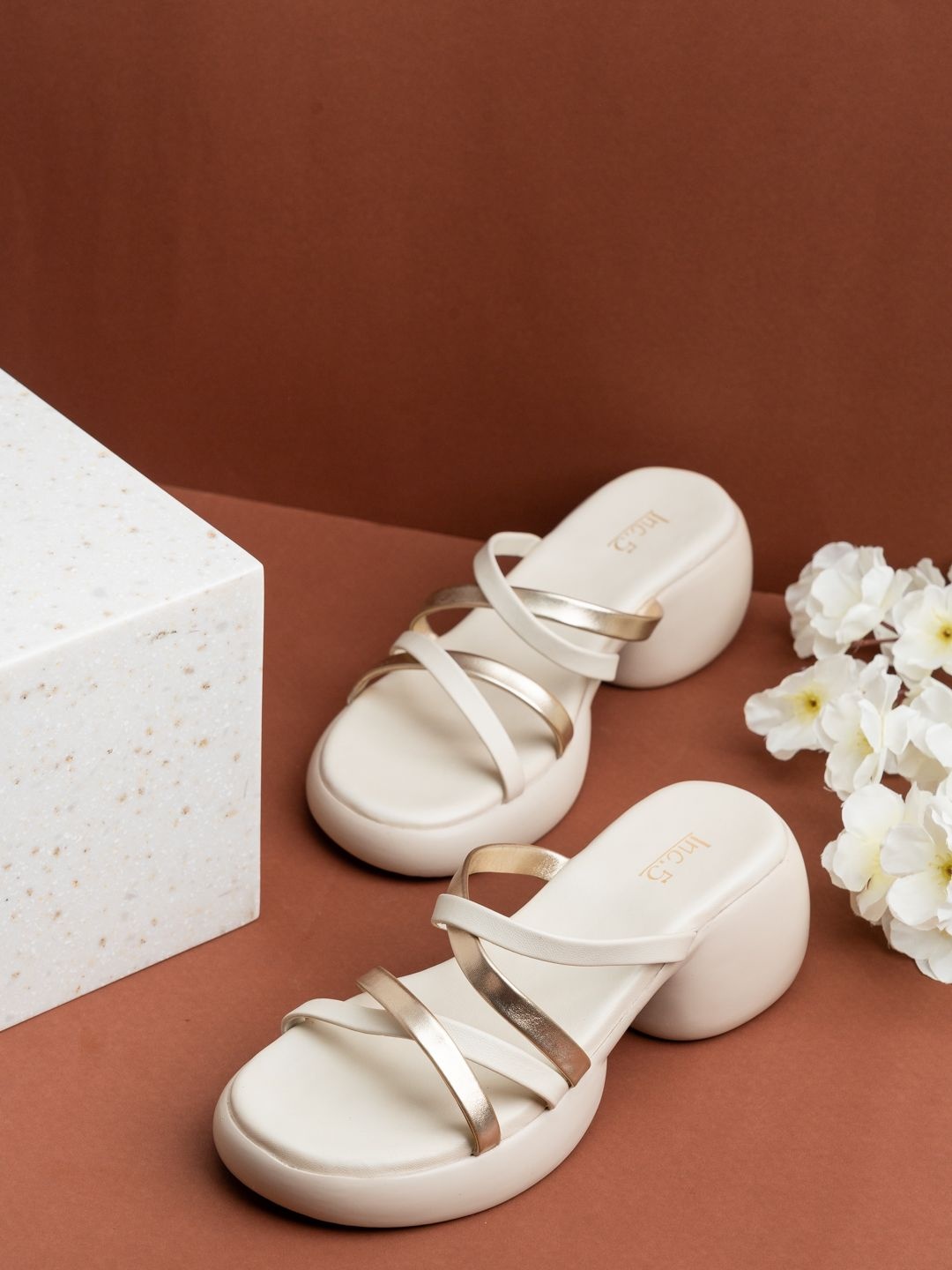 

Inc 5 Striped Party Mid-Top Block Heel Sandals, Beige
