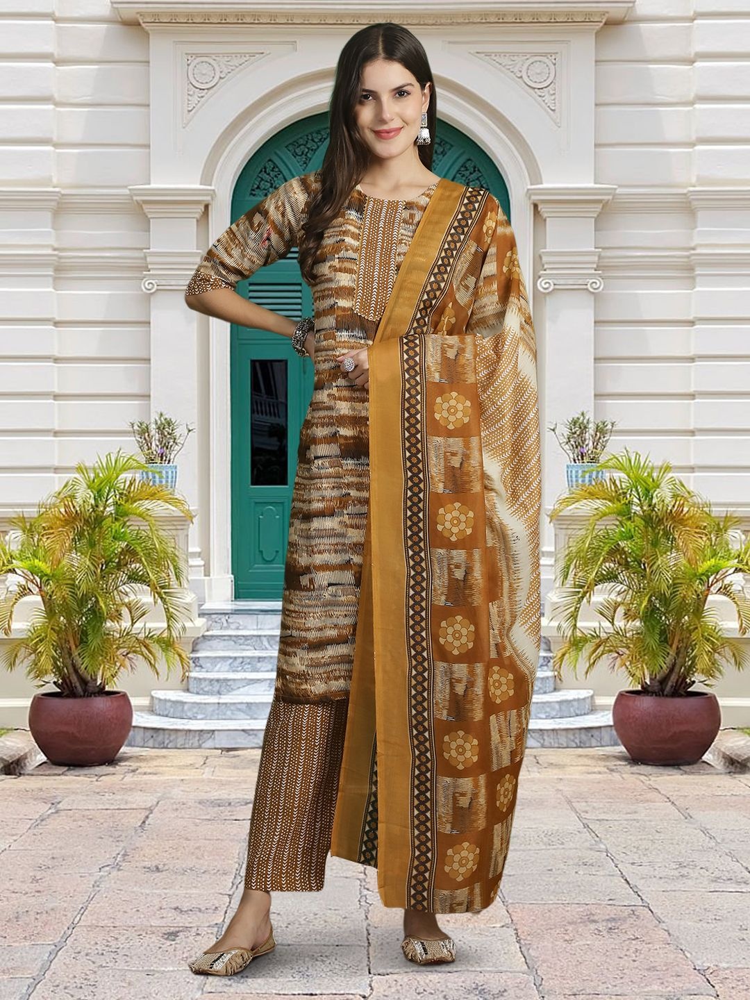 

Moda Rapido Ethnic Motifs Printed Gotta Patti Straight Kurta With Trouser And Dupatta, Brown