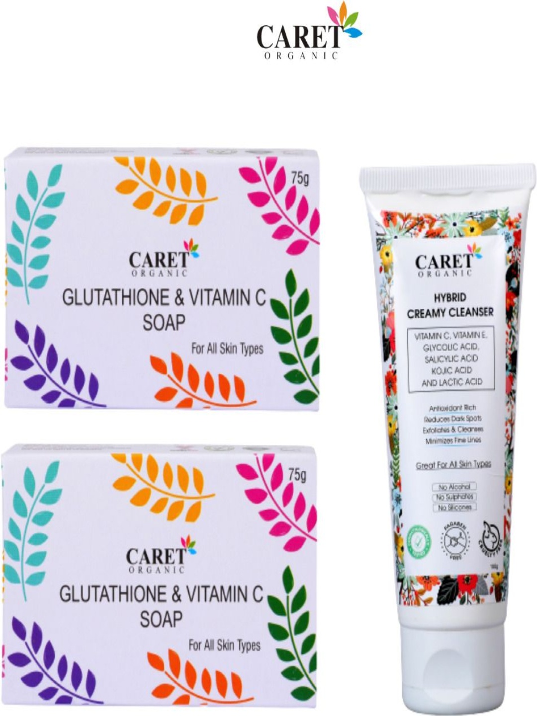 

CARET ORGANIC Set Of 2 Glutathione Soap 75 g Each With Hybrid Creamy Cleanser 100 g, Multi