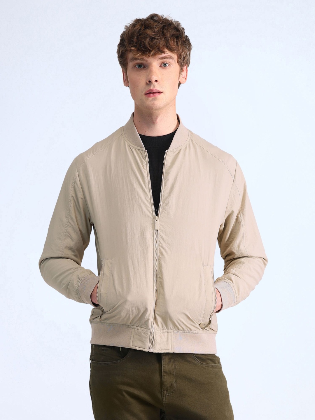 

Flying Machine Men Stand Collar Solid Casual Bomber Jacket, Beige
