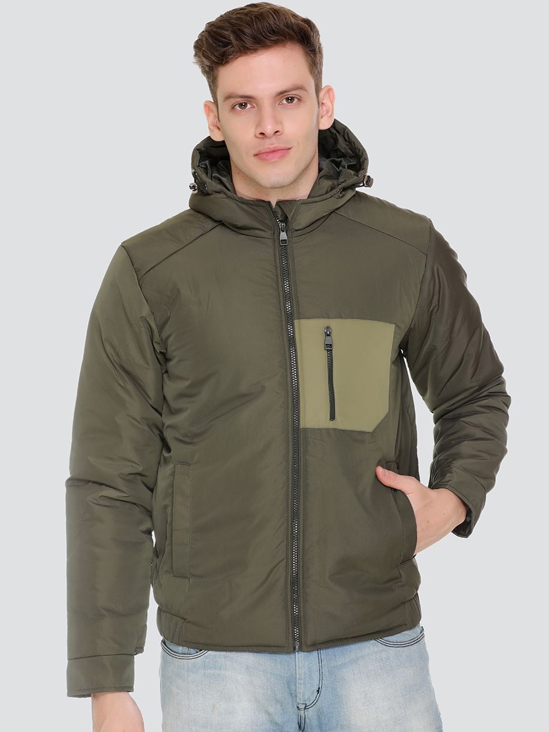 

The Roadster Lifestyle Co. Men Hooded Solid Casual Lightweight Bomber Jacket, Olive