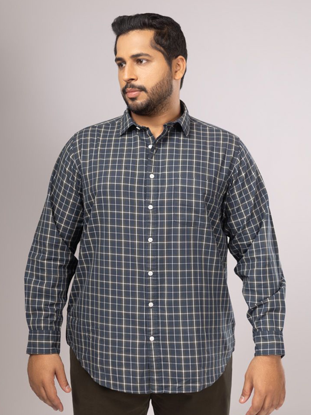

Sizeupp Men Plus Size Standard Oversized Fit Spread Collar Checked Cotton Casual Shirt, Navy blue