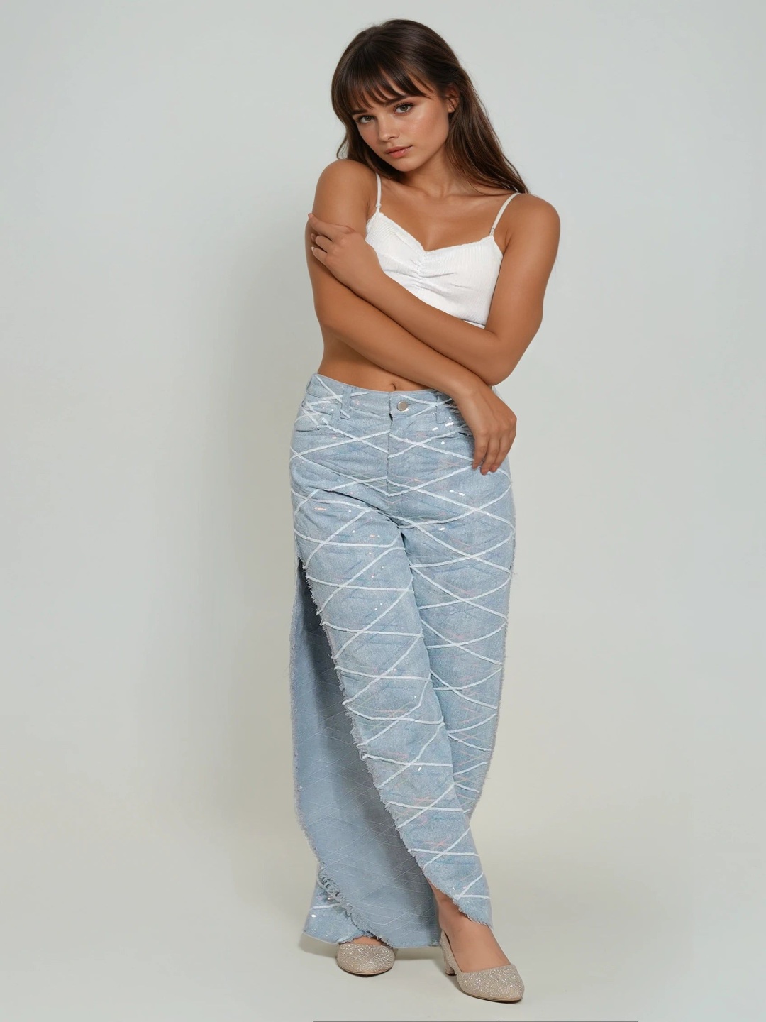 

Wear Your Words Women Wide Leg High-Rise Highly Distressed Embellished Jeans, Blue