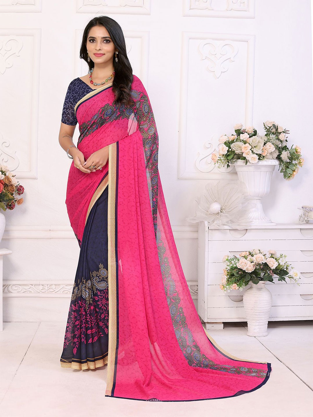 

Moda Rapido Floral Printed Saree With Blouse Piece, Pink