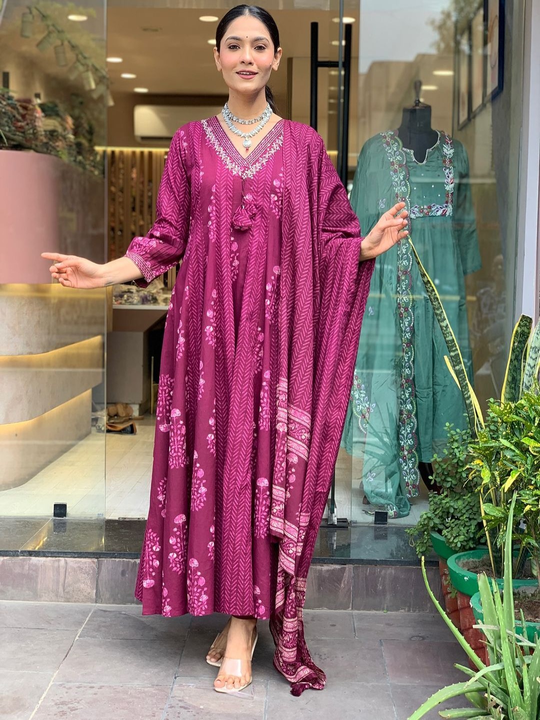 

SIJOPA Floral Printed V-Neck Mirror Work Pure Cotton Kurta With Palazzos And Dupatta, Purple