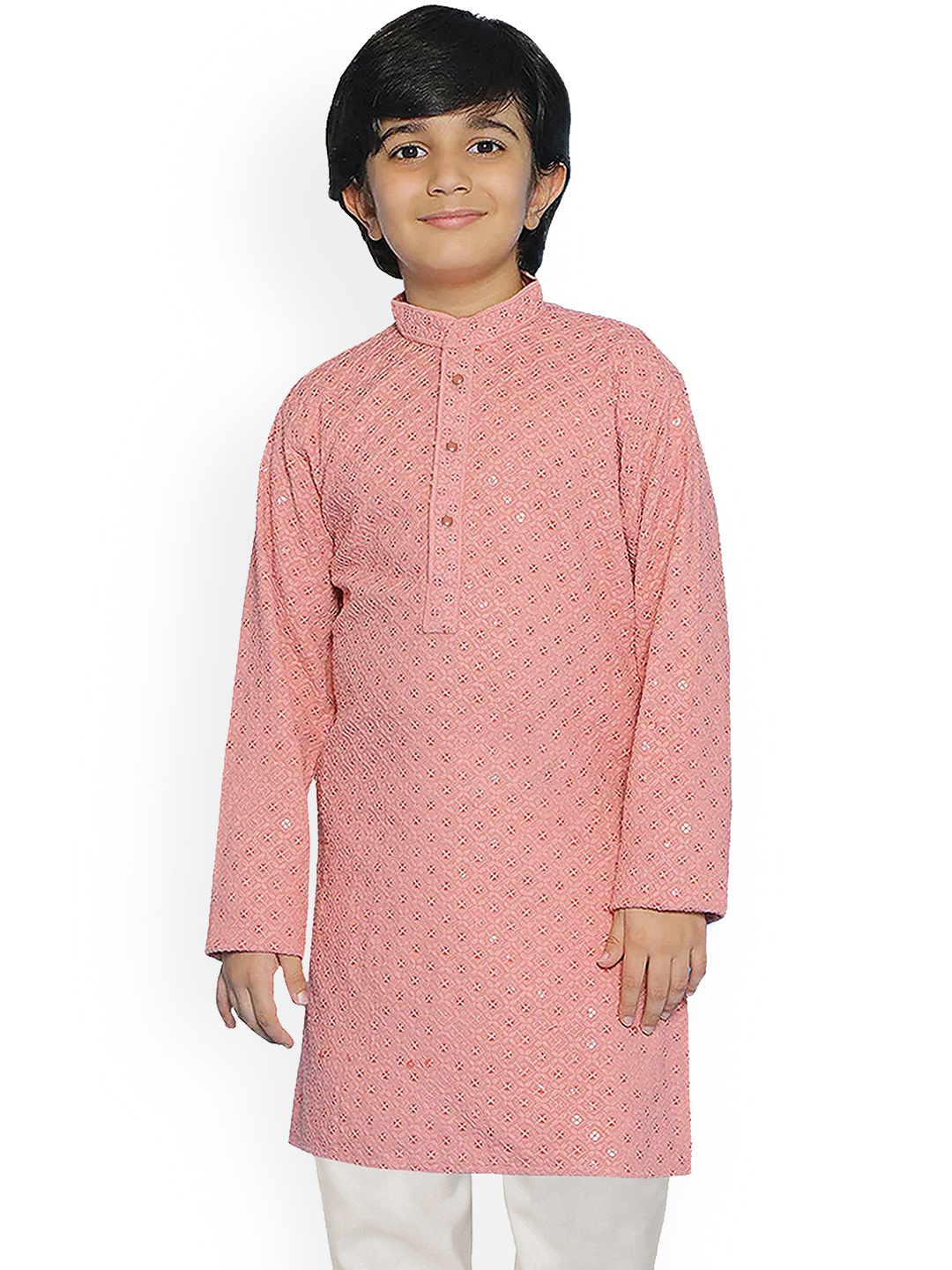 

SG YUVRAJ Boys Geometric Embroidered Mandarin Collar Sequinned Straight Kurta, Pink